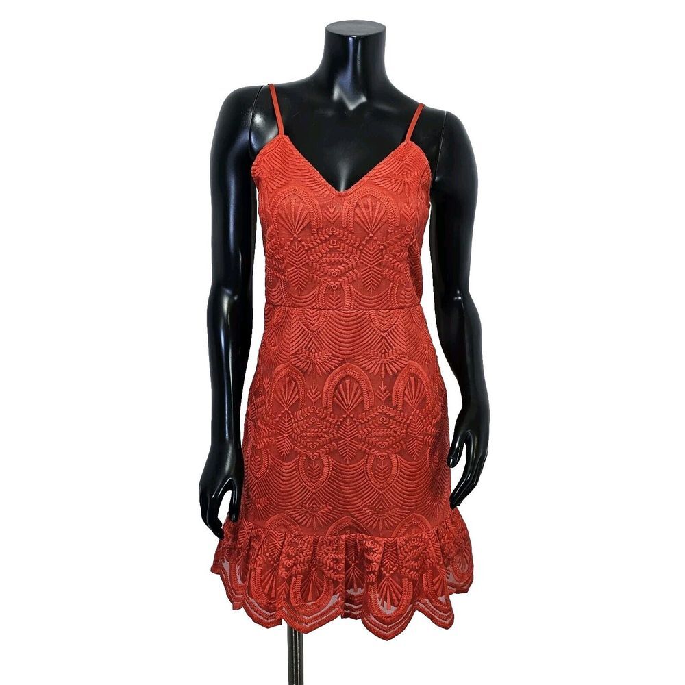 Lulus Womens S Shura Red Embroidered Laceβ Cocktail Mini Dress Ruffle Hem